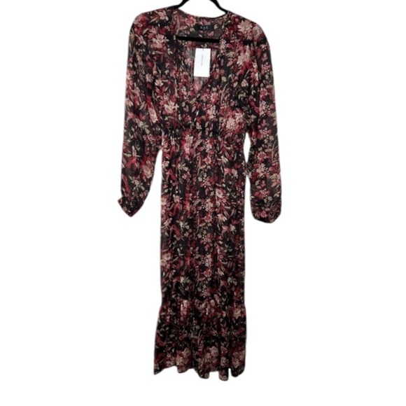 O.P.T. Long Puff Sleeve Floral Cinched Waist V Neck Sheer Maxi Dress Small NWT - Picture 1 of 12